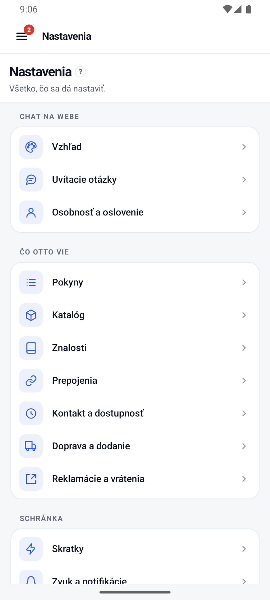Aplikácia pre Android: hlavné menu Nastavení so všetkými časťami, od vzhľadu chatu po skratky a notifikácie