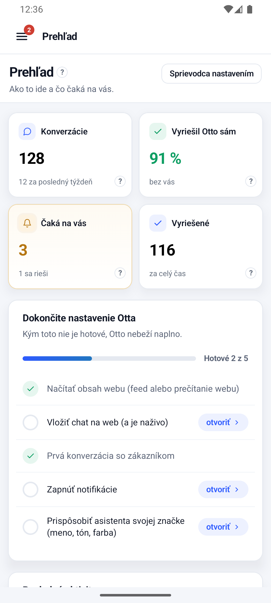 Aplikácia pre Android: Prehľad so 128 konverzáciami, 91 % vyriešil Otto sám, 3 čakajú na vás a čo ešte treba dotiahnuť