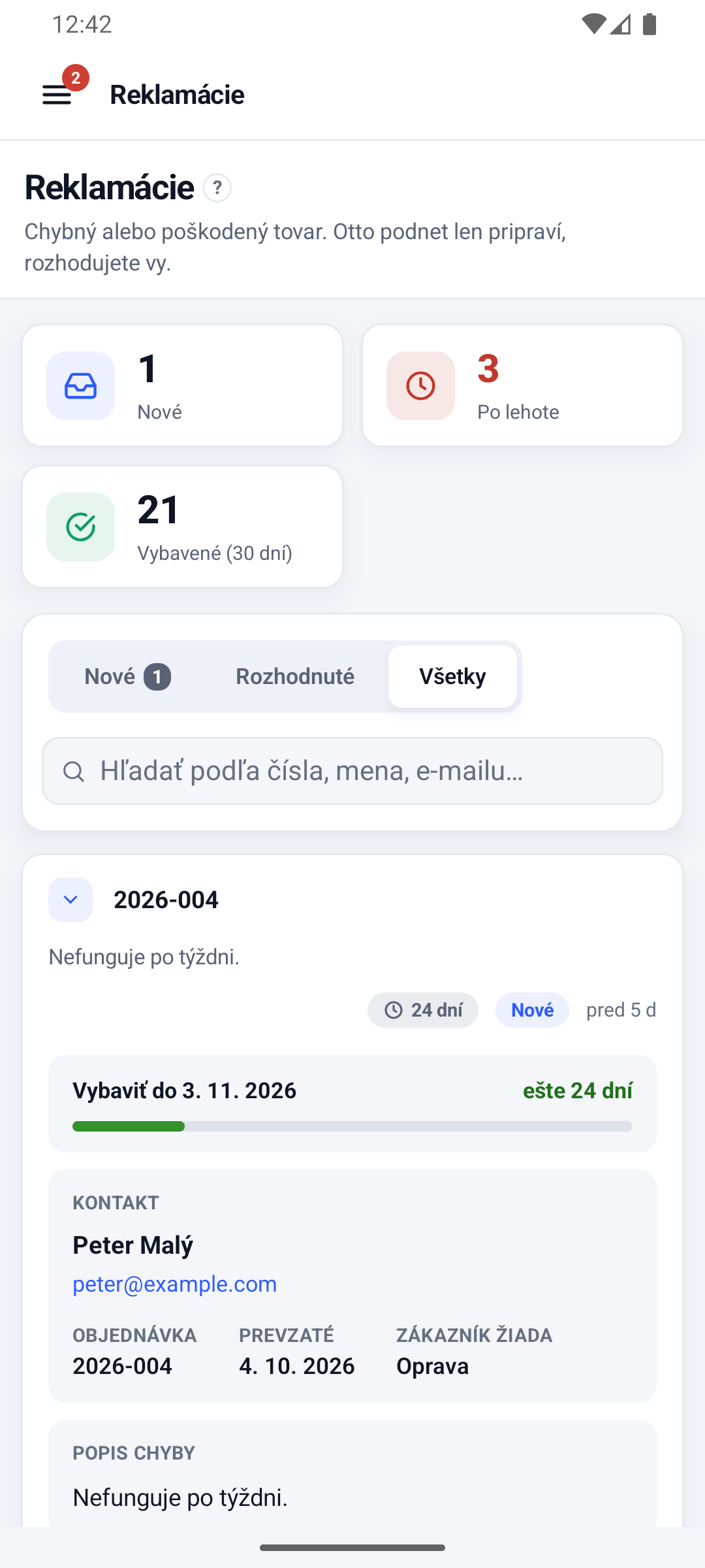 Aplikácia pre Android: Reklamácie s rozbaleným podnetom k objednávke 2026-004, lehotou na vybavenie a kontaktom zákazníka
