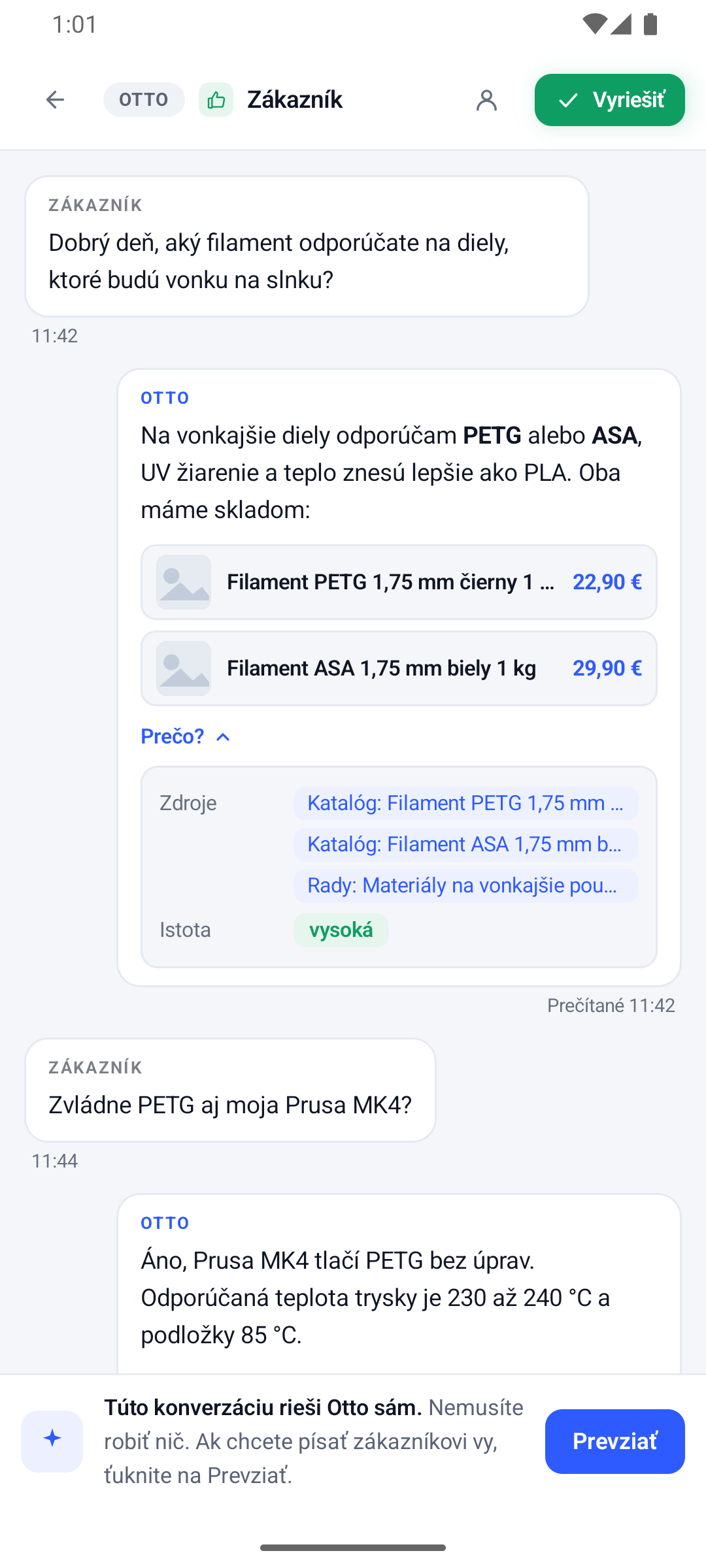 Aplikácia pre Android: tá istá konverzácia o filamente, rozbalené „Prečo?“ so zdrojmi odpovede a tlačidlo Prevziať